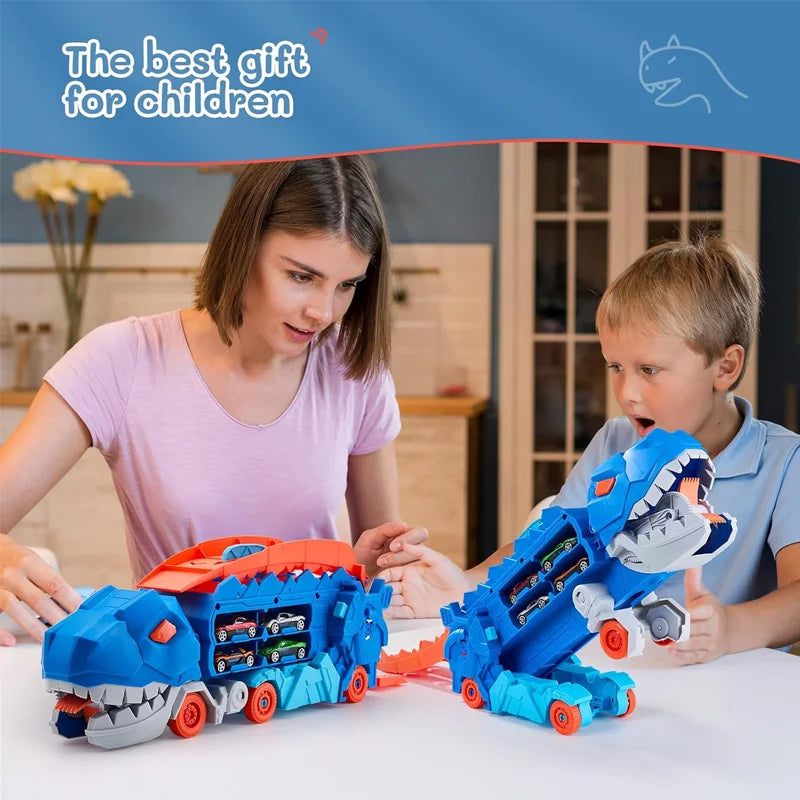 New Dinosaur Truck Race Track Toy Set With 4 Alloy Cars Foldable Transforming Into T-Rex STEAM Toys For Boys Girls Birthday Play