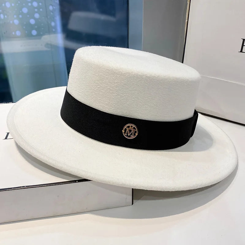 Women's Flat Top Fedora Hat with Ribbon Band – Elegant Panama Bowler for Church, Wedding & Party