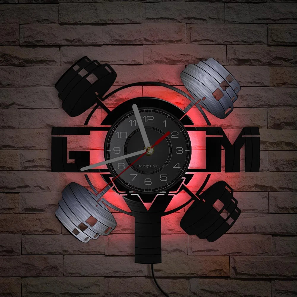 Fitness Equipment Theme Vinyl Record Fitness Wall Clock Home Decoration LED Backlight Modern Fitness Watch