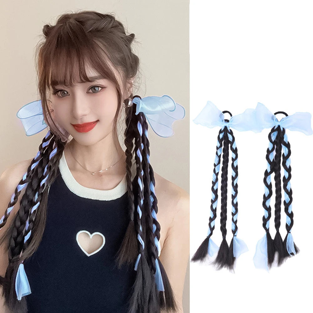 Colorful Bow Braid Hair Ring & Ponytail Tie – Sweet Twist Long Braid Hair Accessory for Girls & Women