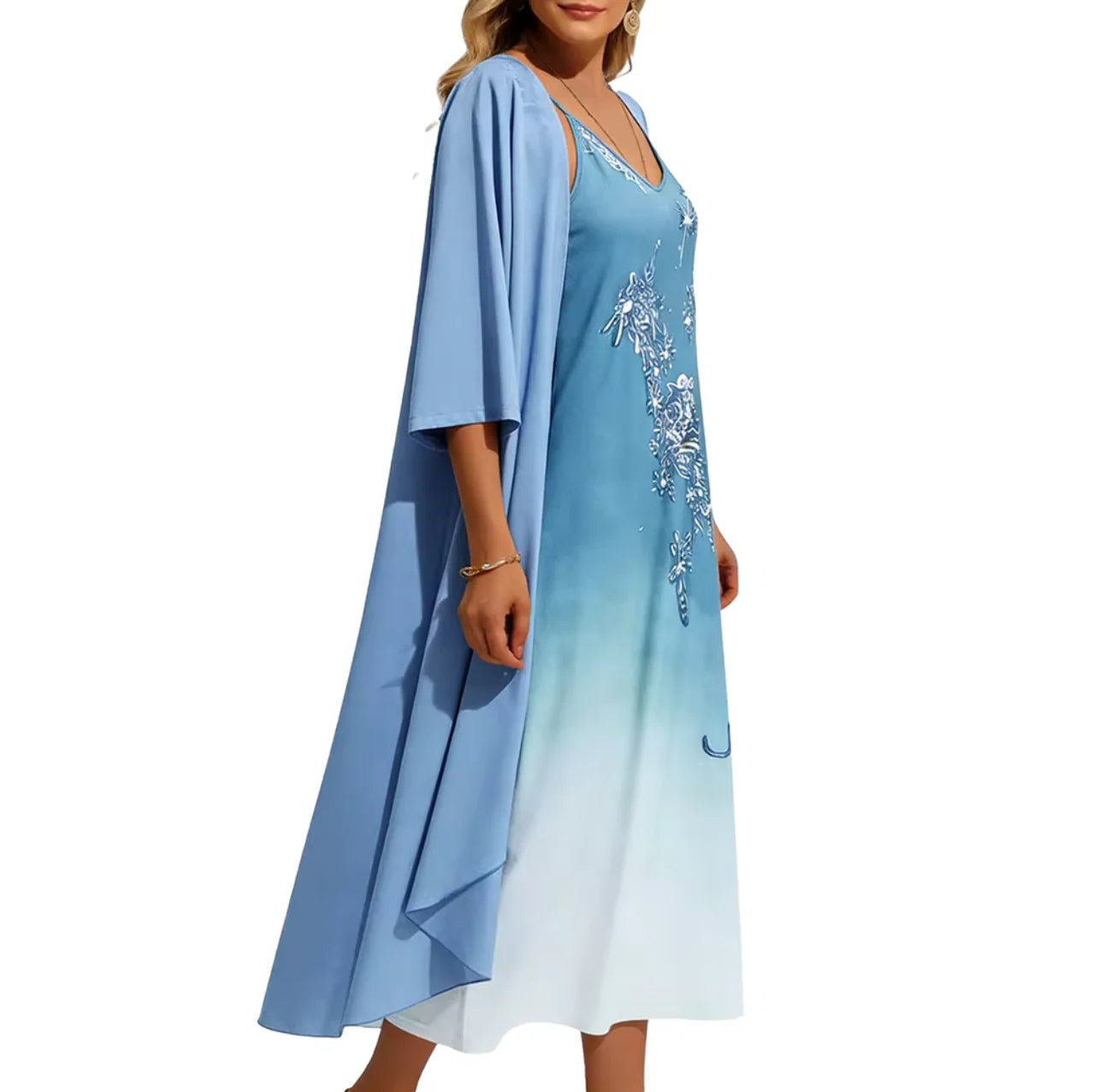 Women's Embroidered Spaghetti Strap Maxi Dress & Open Front Cover-Up Set