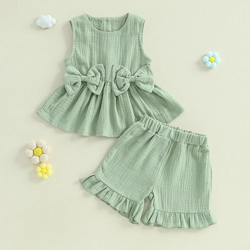 Toddler Girl Summer Tank Top & Ruffled Shorts Set – Bow Crew Neck 2-Piece Outfit