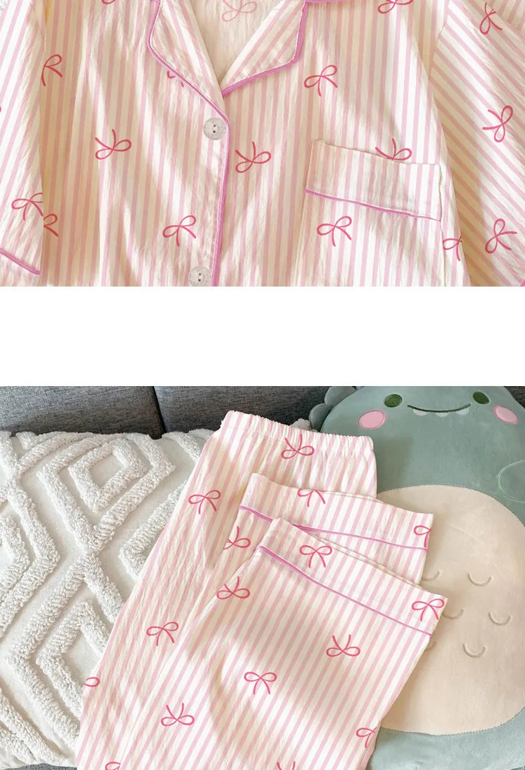 Women Summer Pajamas Three-piece Set Leisure Sleepwear Short Sleeve Lapel Sweet Bowknot Striped Print Homewear Female Loungewear