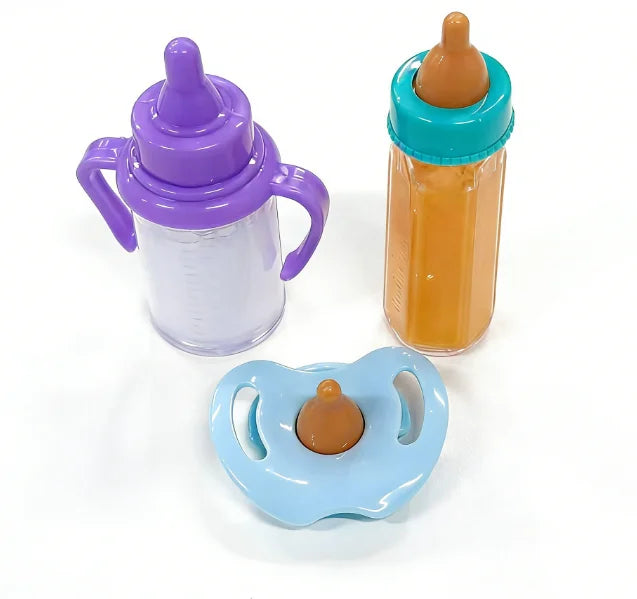 Baby Doll Feeding Bottle Set | 2 Bottles & Toy Pacifier | Doll Accessories | Pink & Blue