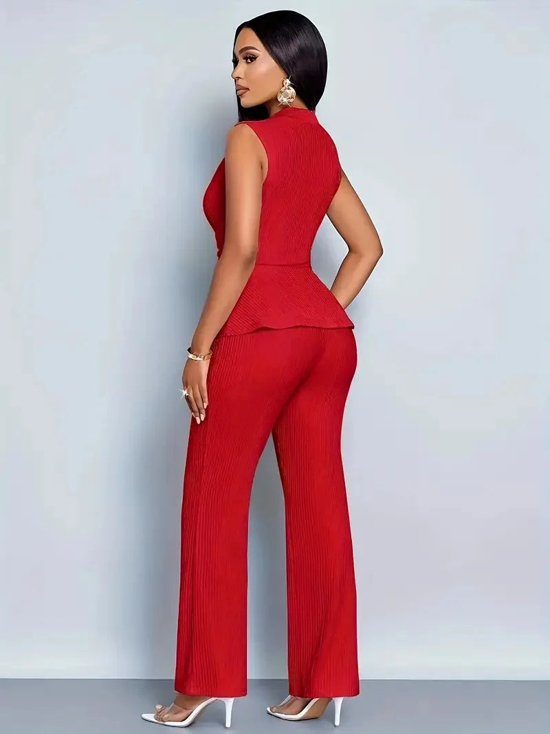 New Spring Summer Women's Trousers Two-piece Elegant Slim V-neck Sleeveless Irregular T-shirt Wide-leg Pants Office 2-piece Set