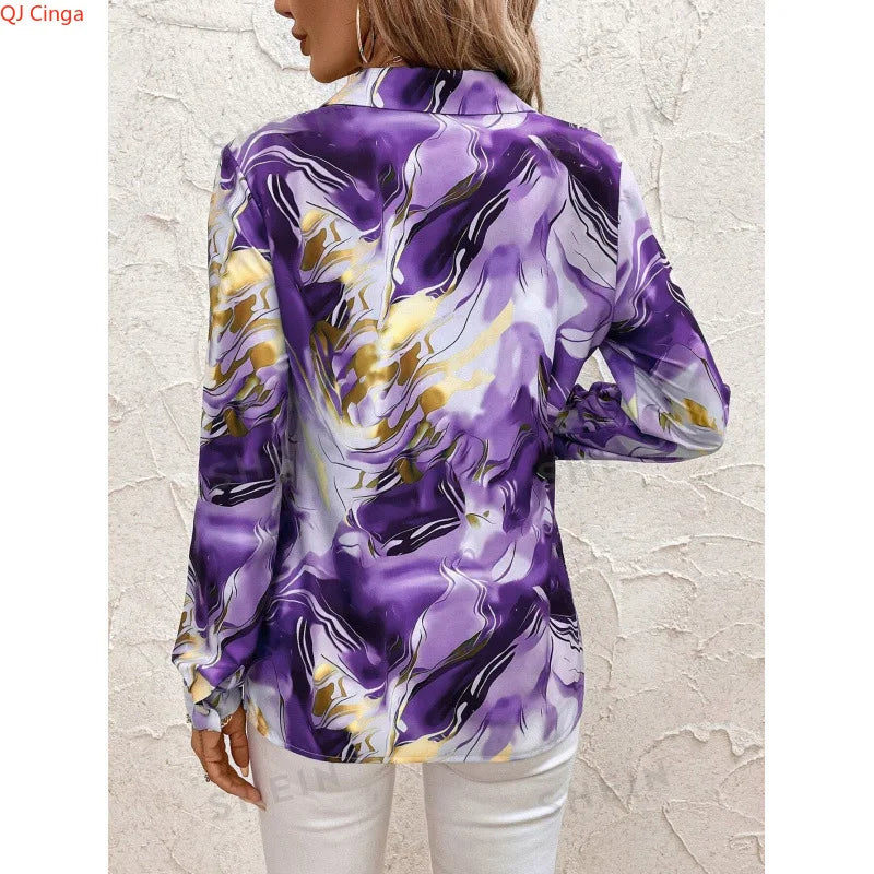 2026 Women's Purple Long-Sleeve Shirt for Fall, Single-Button Collar Print Shirts, Fashionable Fitted Top for Girls.
