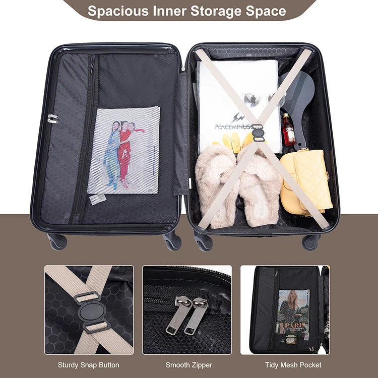 3 Piece Luggage Sets ABS Lightweight Suitcase with Two Hooks Spinner Wheels TSA Lock GOLD