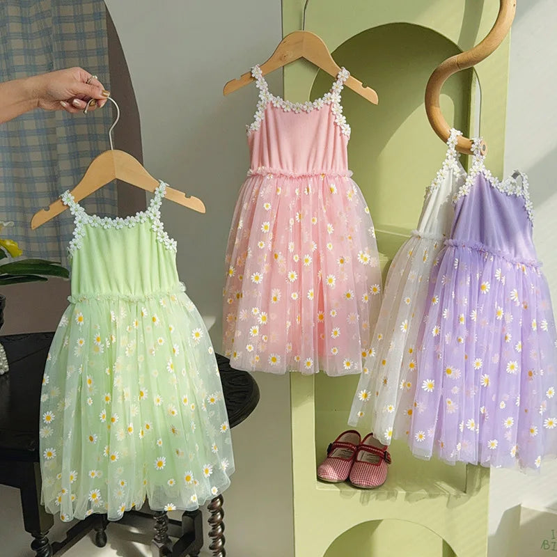 2026 Summer Girls Sling Dress Cute Daisy Print Tulle Skirt Casual Party Dress Kids Princess Dress with Lace Flower Trim 2-8Years