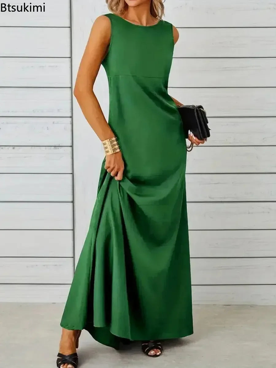 2026 Women's Summer Elegant Long Dress Fashion Solid Sleeveless O-neck Temperament Slim Maxi Dress Ladies A-line Casual Dress