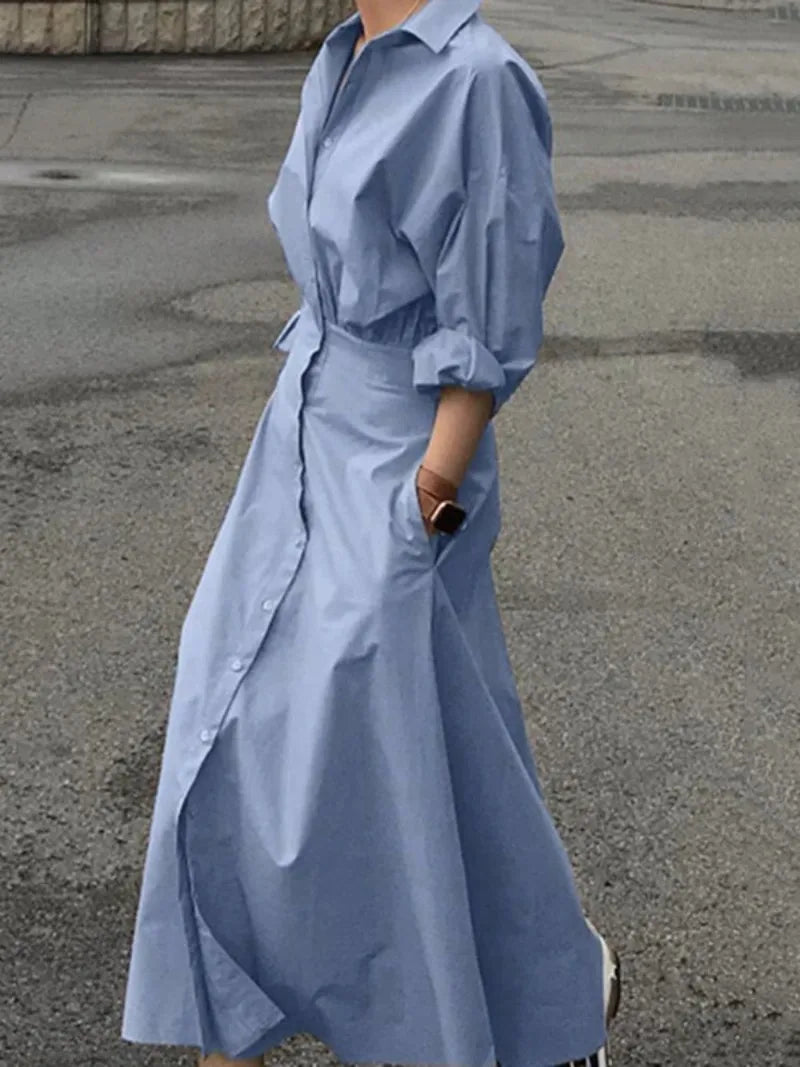 Women's Summer Long Dresses 2026 Spring Fall New Clothes Blue Puff Sleeves Botton Simple Casual Maxi Shirts Dresses for Women
