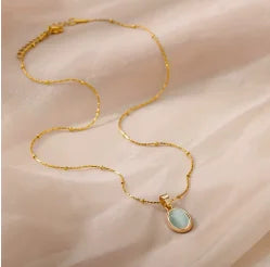Trendy Oval Colorful Stone Necklace For Women Stainless Steel Gold Color Green Opal Stone Pendant Necklace Aesthetic Jewelry Gif