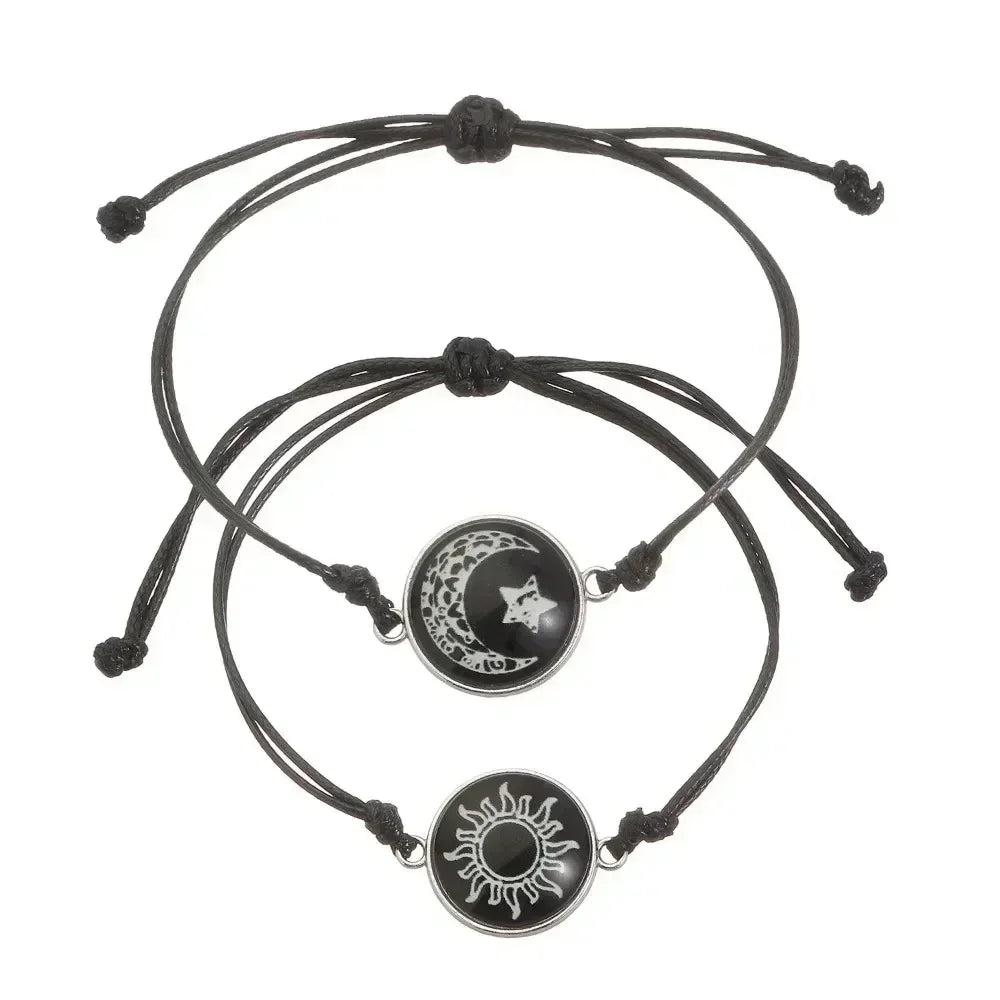 Handmade Braided Couple Bracelets Sun Moon Themed Glow In The Dark Glass Bead Adjustable Rope Wrist Jewelry Romantic Matching Accessory Gift