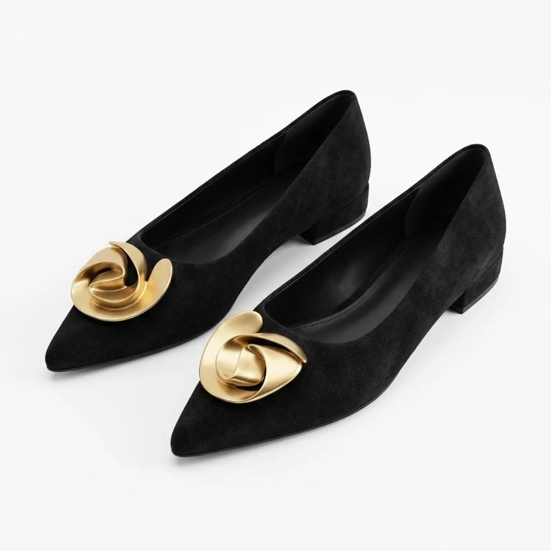 Women's Metal Flower Flock Pointed Toe Flats