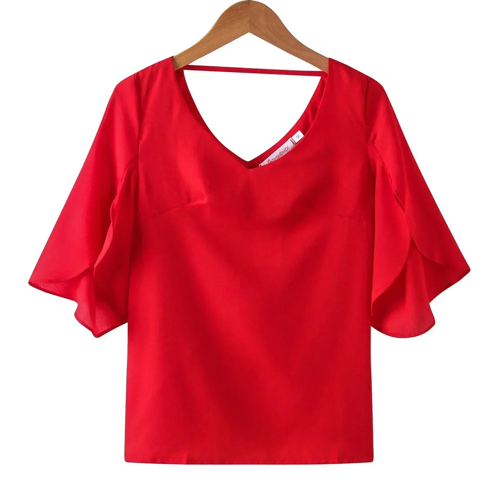 Women Chiffon Short Sleeve Shirt Sexy V-neck Loose Ruffled Chiffon Blouse.