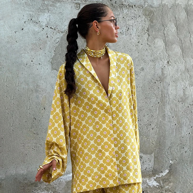 Loose Geometric Print Shirt Pant Sets for Women Ribbon Lapel Full Sleeve Pocket Shirts Wide Leg Trouser Summer Casual Suits