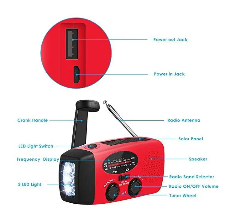 Emergency Weather 2000mAh Radio Portable Emergency Solar Radio Hand Crank Self Powered Phone Charger 3 Led Flashlight Am Fm