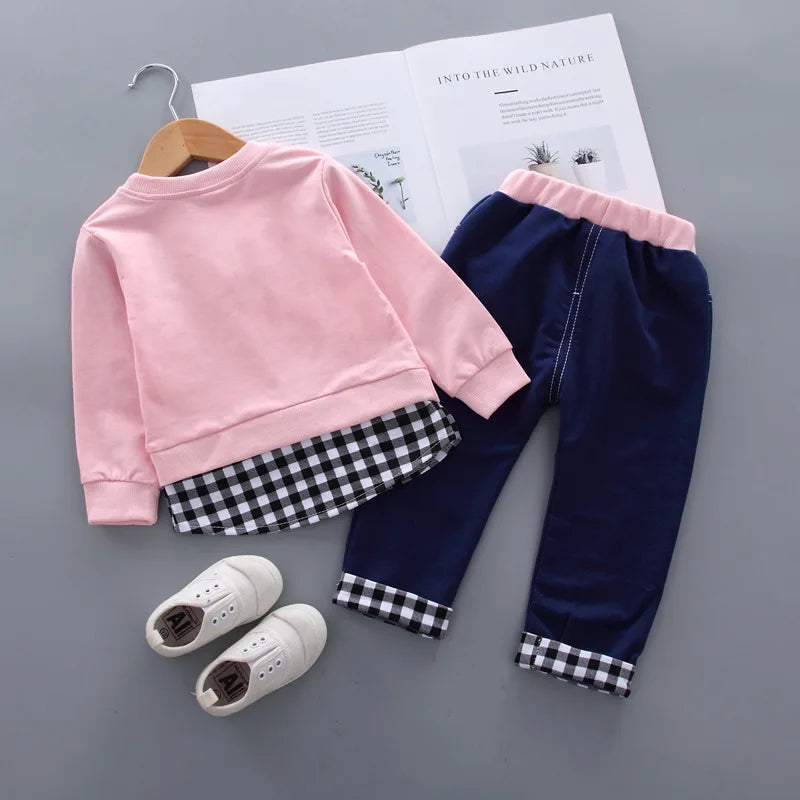 Girls' Bow Plaid Long Sleeve Top & Pants 2-Piece Set