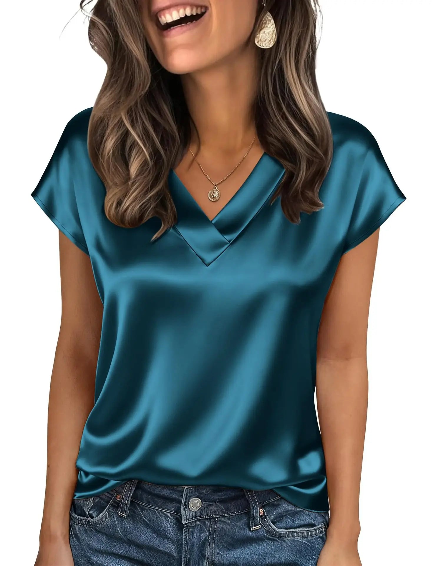 Women's Satin V-Neck Short Sleeve Blouse
