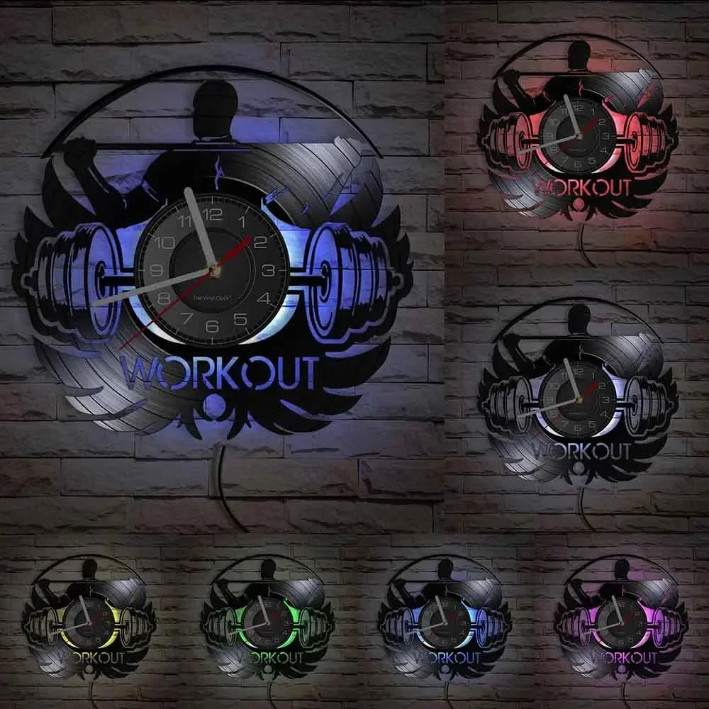 Fitness Theme Vinyl Record Wall Clock – LED Backlight Home Décor | 30cm