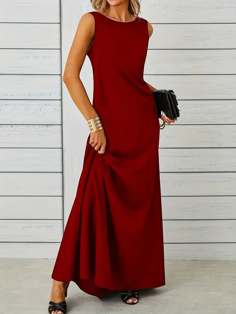 2026 Women's Summer Elegant Long Dress Fashion Solid Sleeveless O-neck Temperament Slim Maxi Dress Ladies A-line Casual Dress