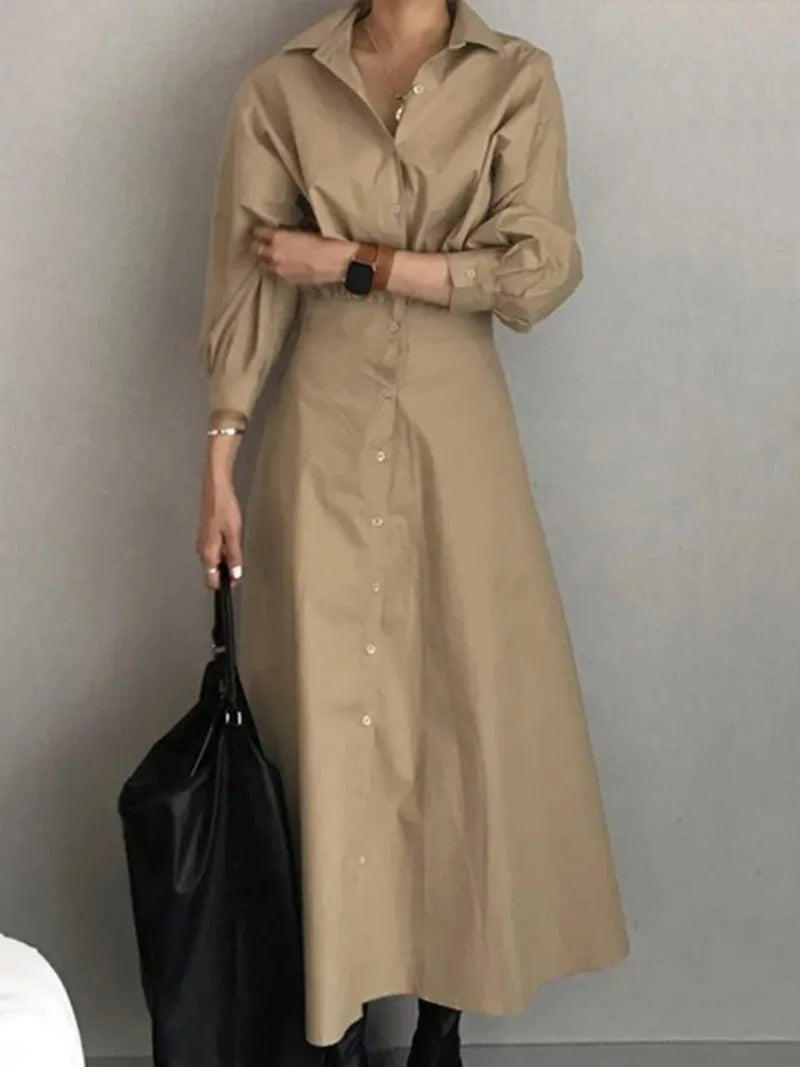 Women's Summer Long Dresses 2026 Spring Fall New Clothes Blue Puff Sleeves Botton Simple Casual Maxi Shirts Dresses for Women