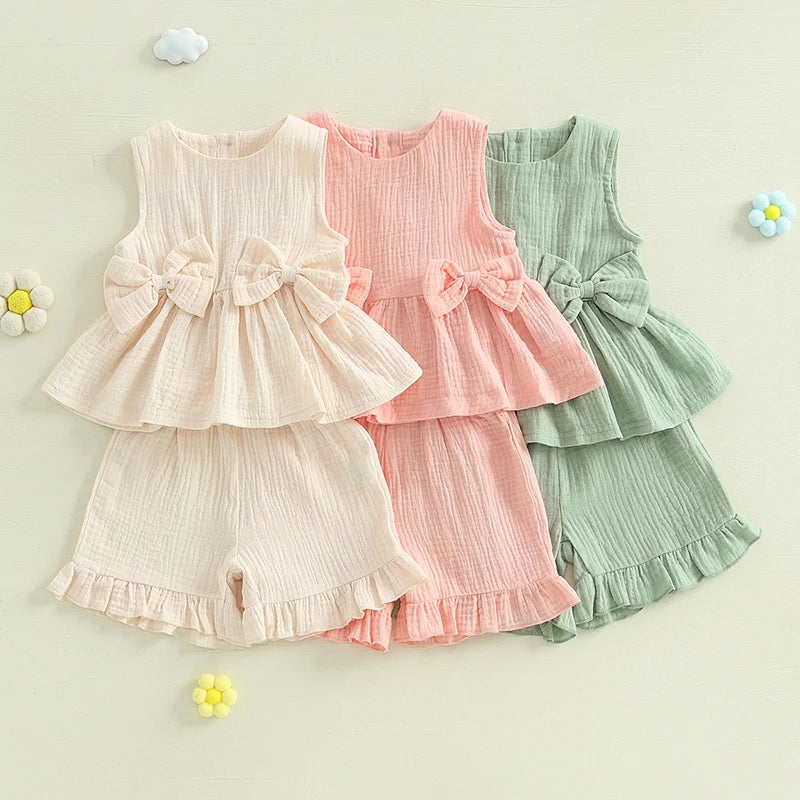 Toddler Girl Summer Tank Top & Ruffled Shorts Set – Bow Crew Neck 2-Piece Outfit
