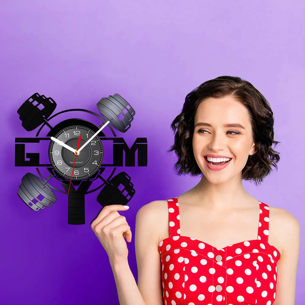 Fitness Equipment Theme Vinyl Record Fitness Wall Clock Home Decoration LED Backlight Modern Fitness Watch