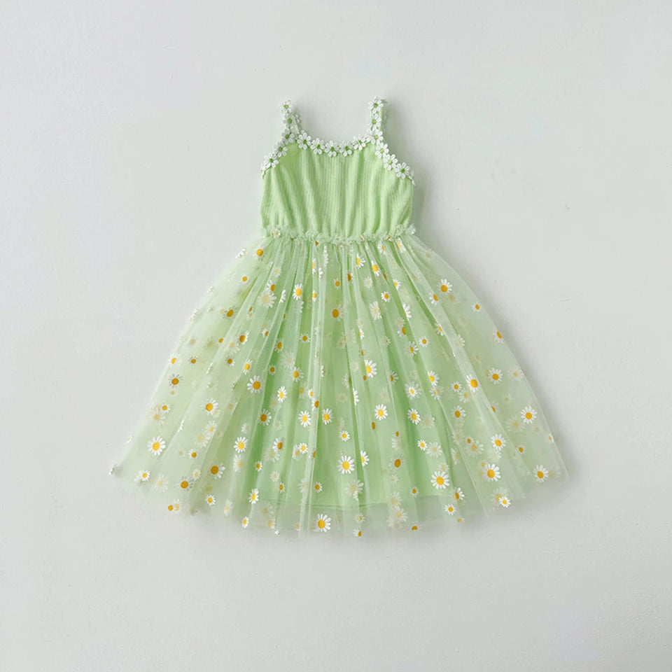 2026 Summer Girls Sling Dress Cute Daisy Print Tulle Skirt Casual Party Dress Kids Princess Dress with Lace Flower Trim 2-8Years