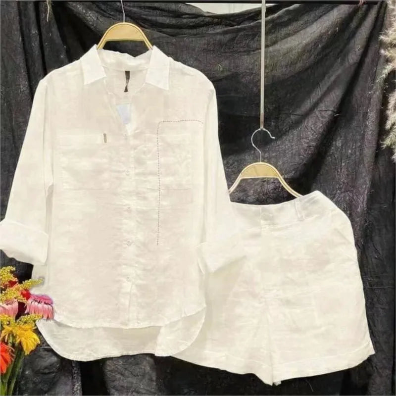 Summer Cotton Linen Casual Home 2 Piece Set For Women Fashion White Long Sleeve Shirt And Shorts Two Piece Sets Tracksuit