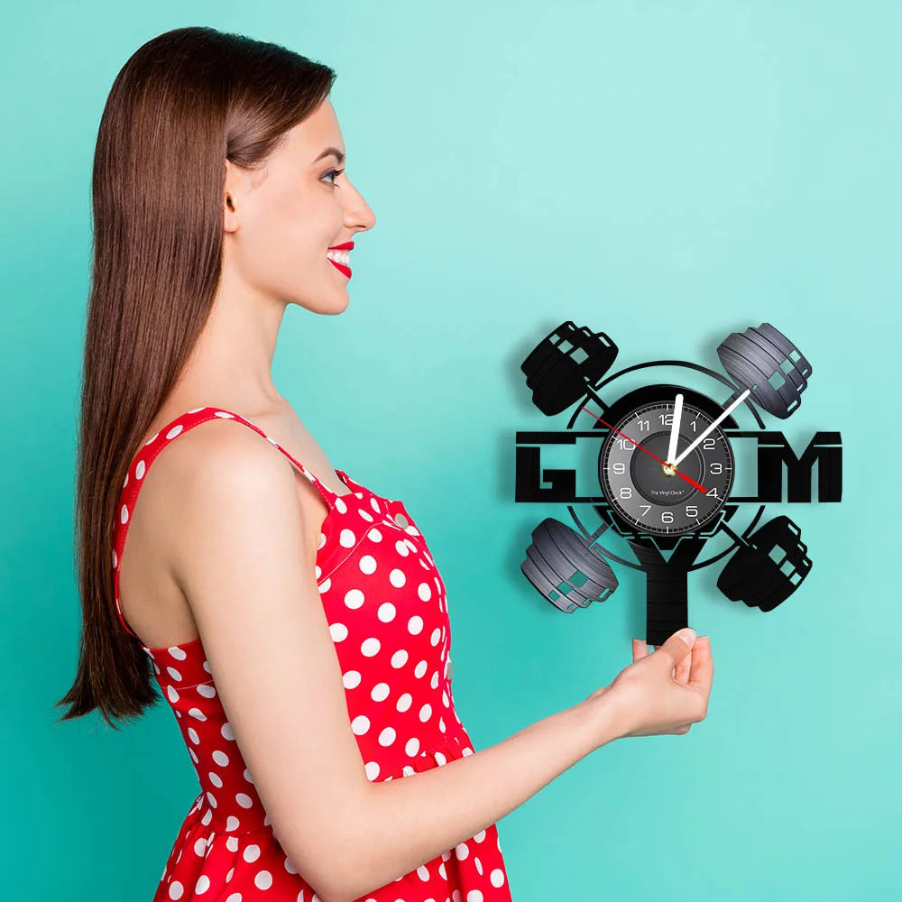 Fitness Equipment Theme Vinyl Record Fitness Wall Clock Home Decoration LED Backlight Modern Fitness Watch