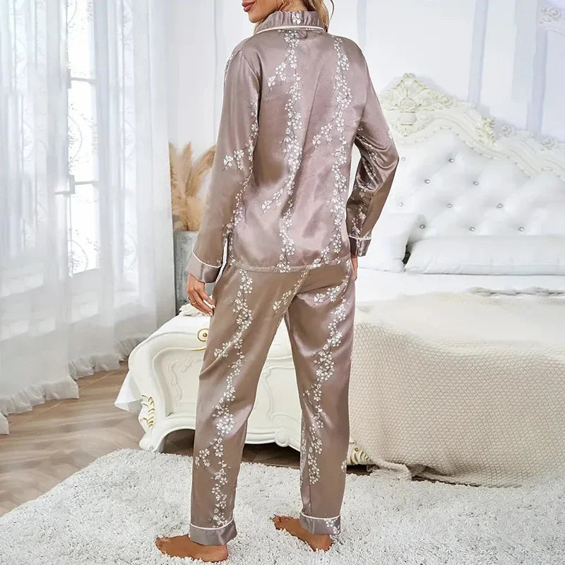 2026 Women Satin Pajama Casual Sleepwear Home Suit Spring Long Sleeve Button Up Top & Pants Nightwear Loungewear Pyjama Femme