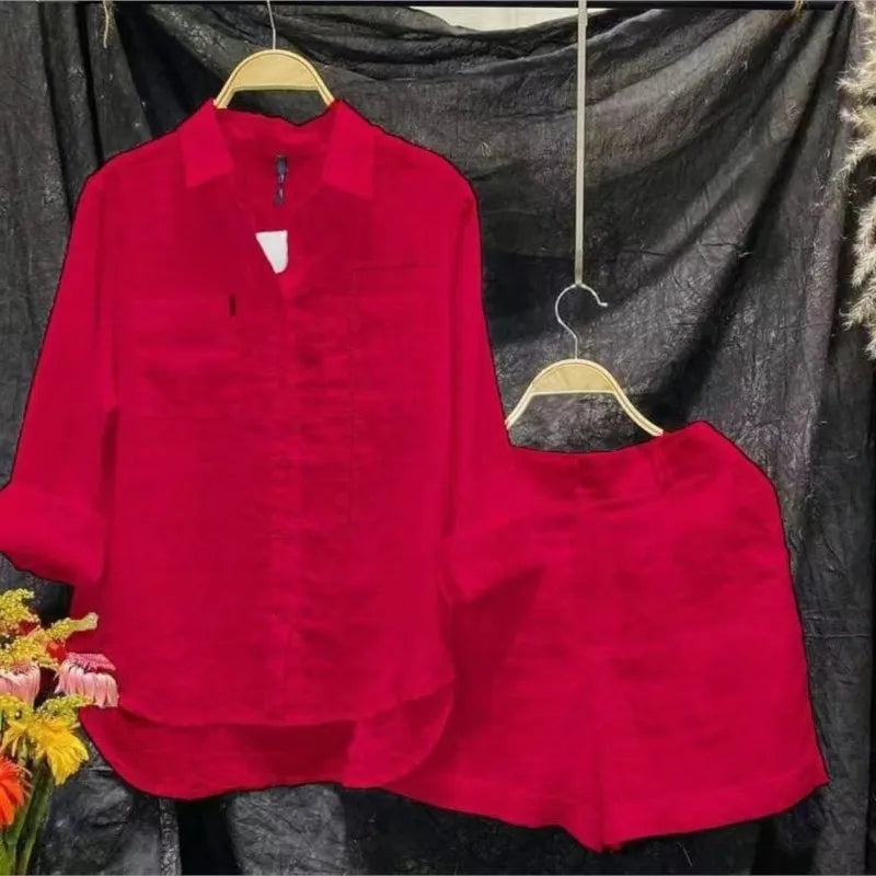 Summer Cotton Linen Casual Home 2 Piece Set For Women Fashion White Long Sleeve Shirt And Shorts Two Piece Sets Tracksuit