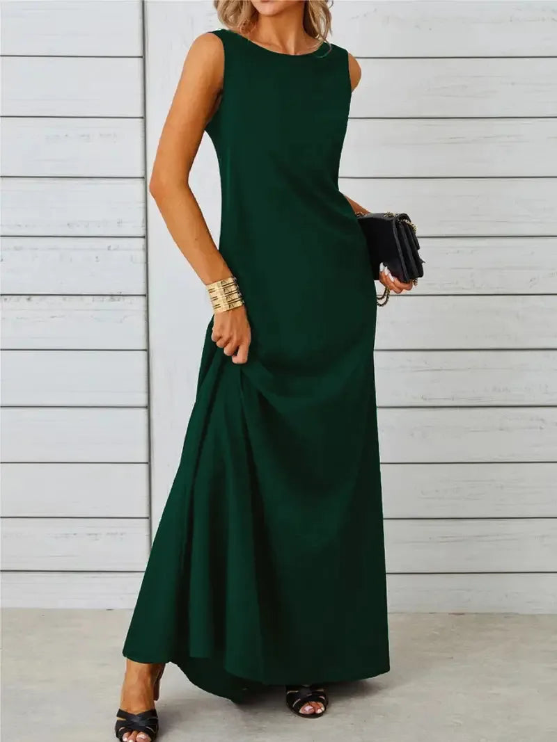 2026 Women's Summer Elegant Long Dress Fashion Solid Sleeveless O-neck Temperament Slim Maxi Dress Ladies A-line Casual Dress
