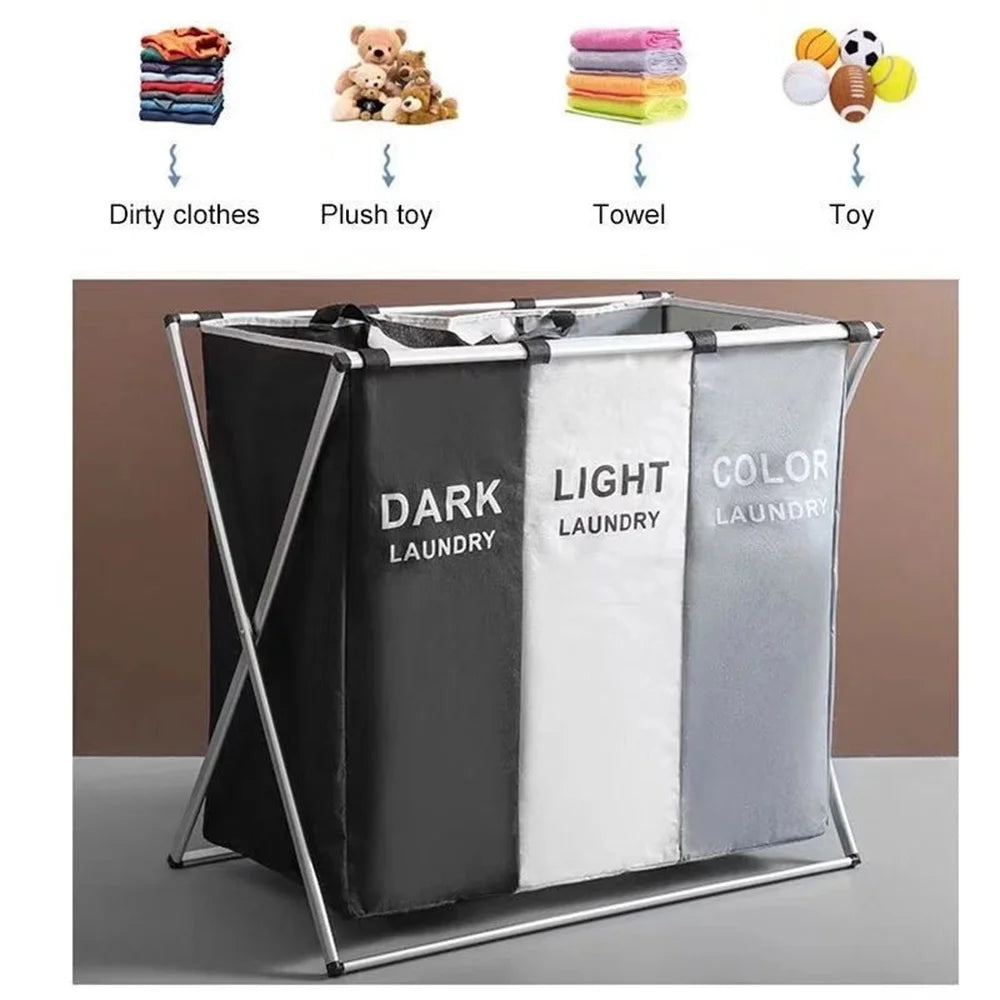 3 Grids Foldable Laundry Basket Large Capacity Toys Clothes Organizer Aluminum Bracket Waterproof Bathroom Laundry Basket Hamper