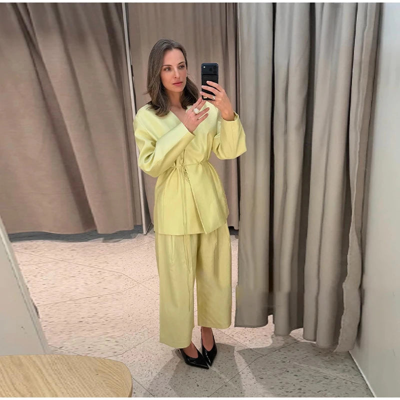 Elegant Stain Loose Jacket Pants Suit Women Solid Lace Up Full Sleeve V-neck Jackets Wide Leg Trousers Fashion Street Sets Lady