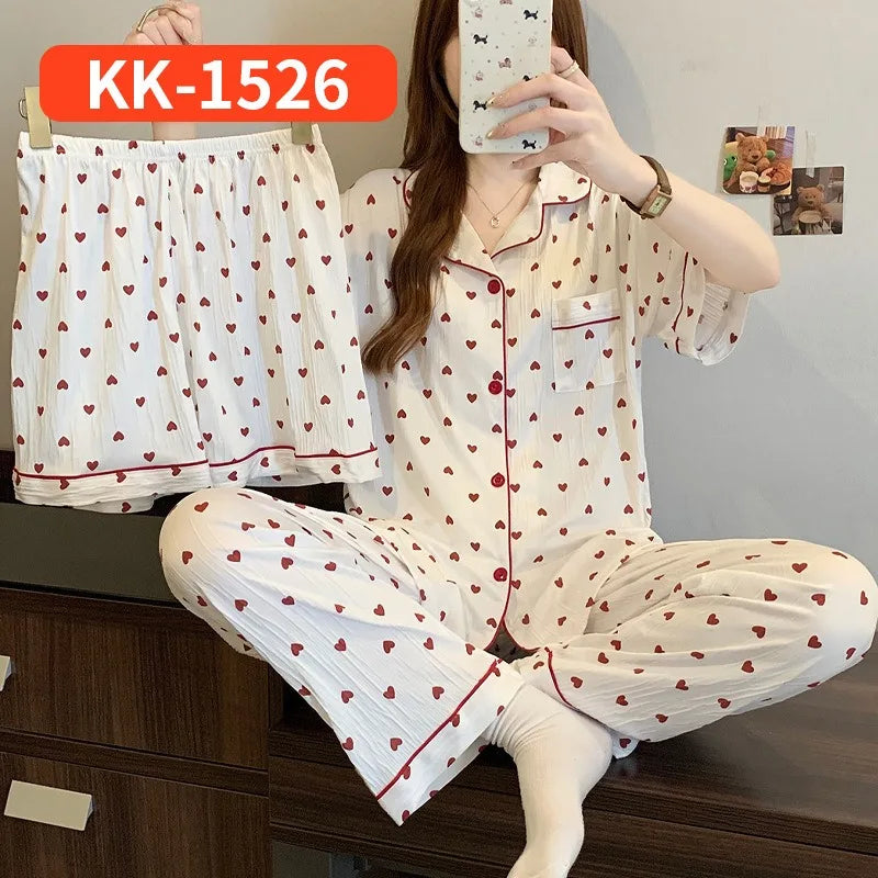 Women's Printed Pajamas Homewear Short Sleeves Trousers Shorts Three-piece Set Spring and Autumn New Women's Clothing