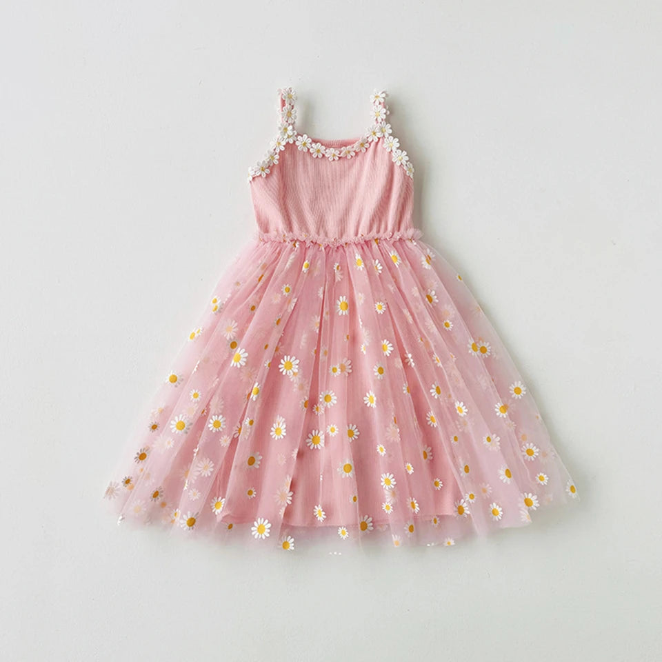 2026 Summer Girls Sling Dress Cute Daisy Print Tulle Skirt Casual Party Dress Kids Princess Dress with Lace Flower Trim 2-8Years