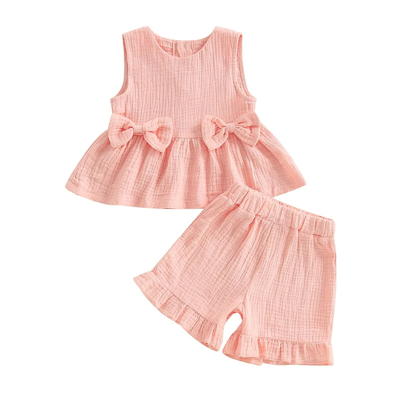 Toddler Girl Summer Tank Top & Ruffled Shorts Set – Bow Crew Neck 2-Piece Outfit