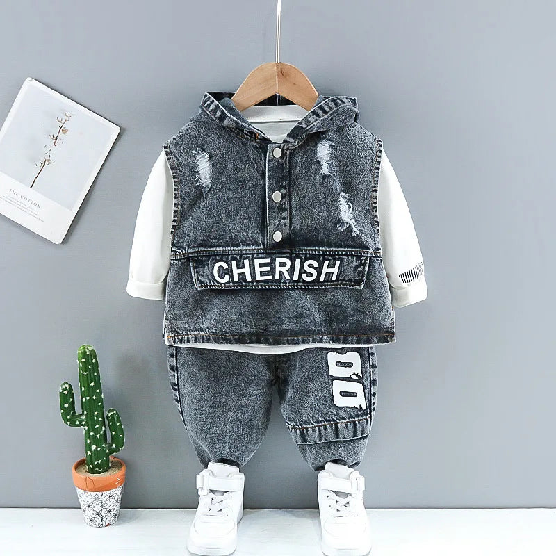 Baby Boy Fashion Ripped Denim 3-Piece Suit Set