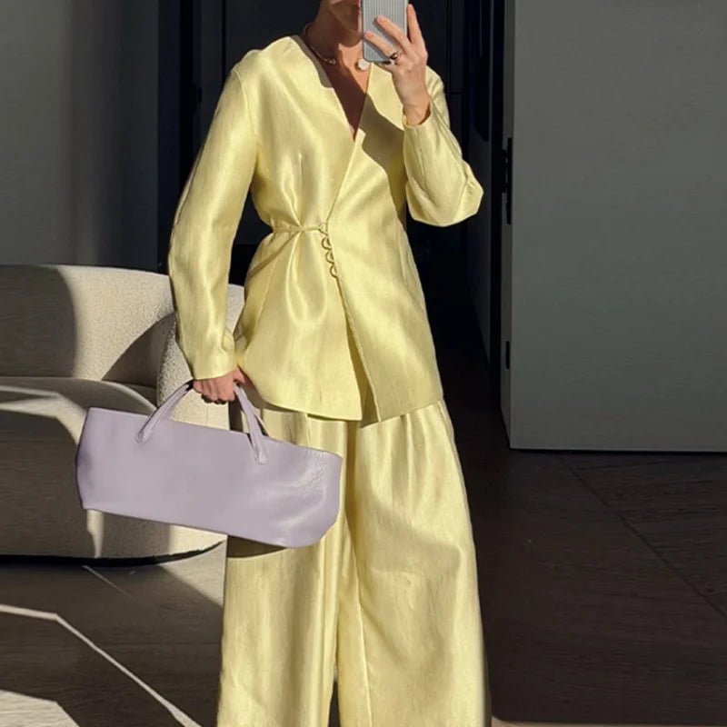 Elegant Stain Loose Jacket Pants Suit Women Solid Lace Up Full Sleeve V-neck Jackets Wide Leg Trousers Fashion Street Sets Lady