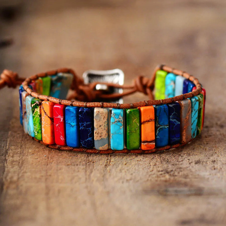 Chakra Bracelet Jewelry Handmade Multi Color Natural Stone Tube Beads Leather Wrap Bracelet Couples Bracelets Gifts