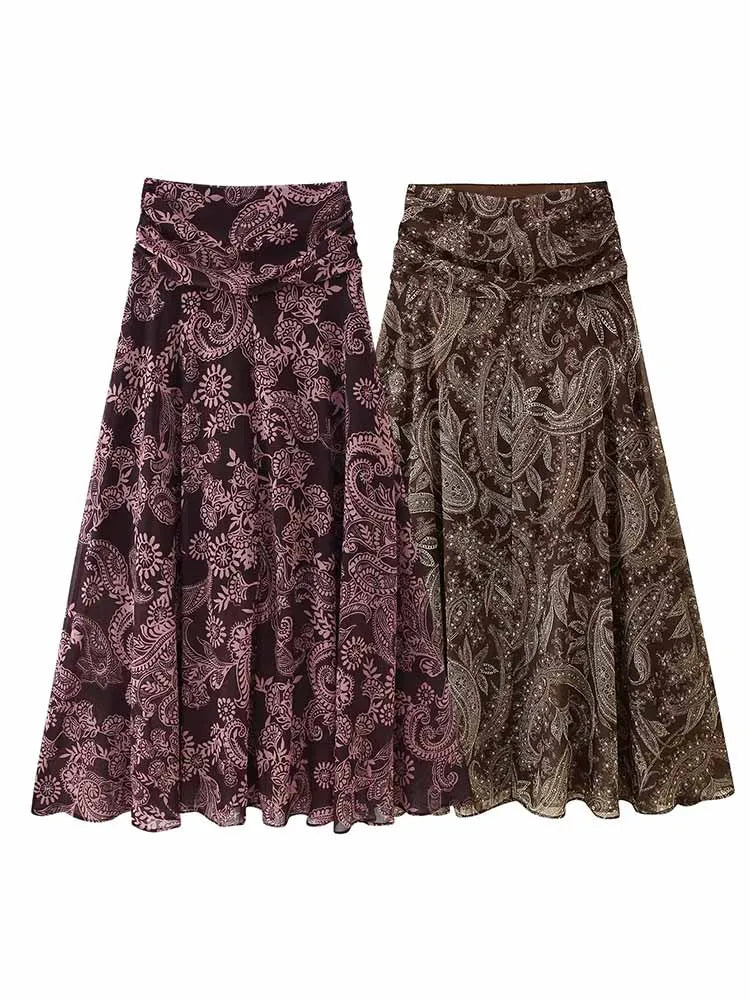 HH 2026 Woman New Early Spring Fashion Chiffon Printing Pleated Decoration Large Hem Midi Skirt Female Casual Chic Party Skirt