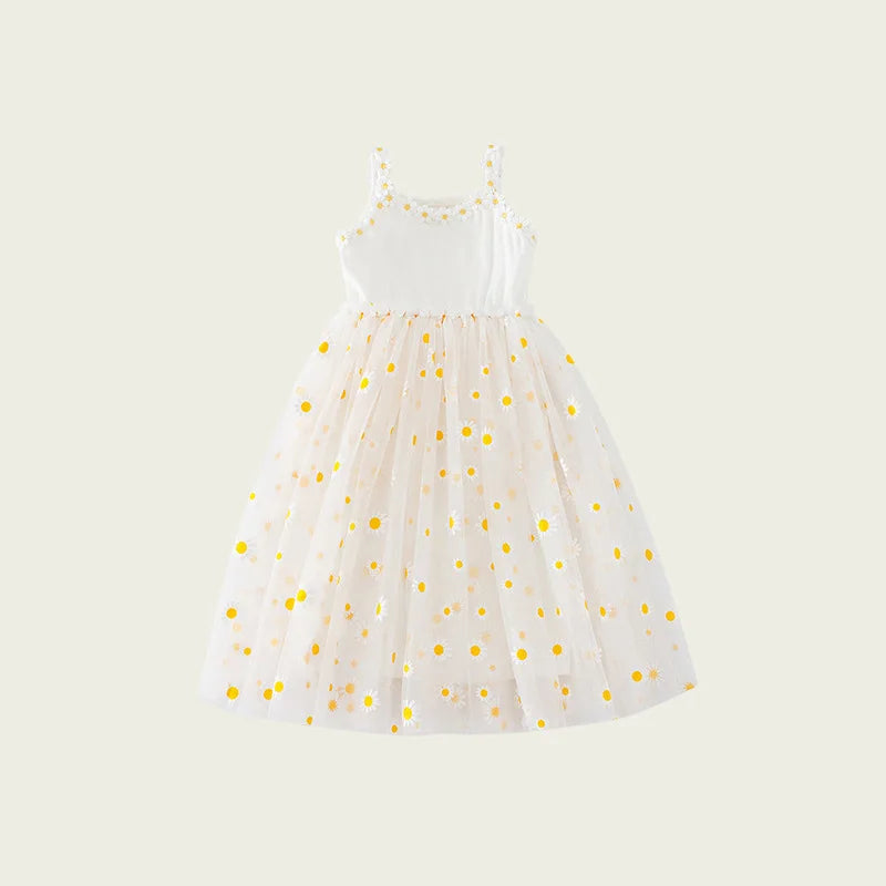Summer Girls Sling Dress Cute Daisy Print Tulle Skirt Casual Party Dress Kids Princess Dress with Lace Flower Trim 2-8Years