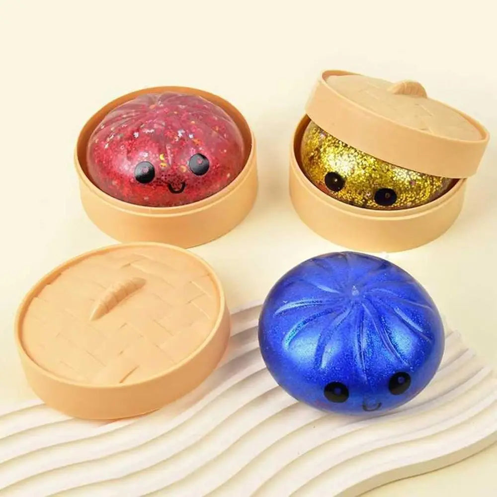 Glitter Dumplings Squishy Soft with Steamer Steamed Bun Squishy Pinch Le Fidget Slow Resilience Squeeze Decompression Dough