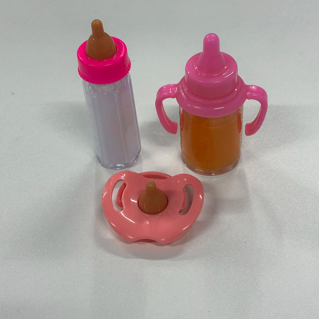 Baby Doll Feeding Bottle Set | 2 Bottles & Toy Pacifier | Doll Accessories | Pink & Blue