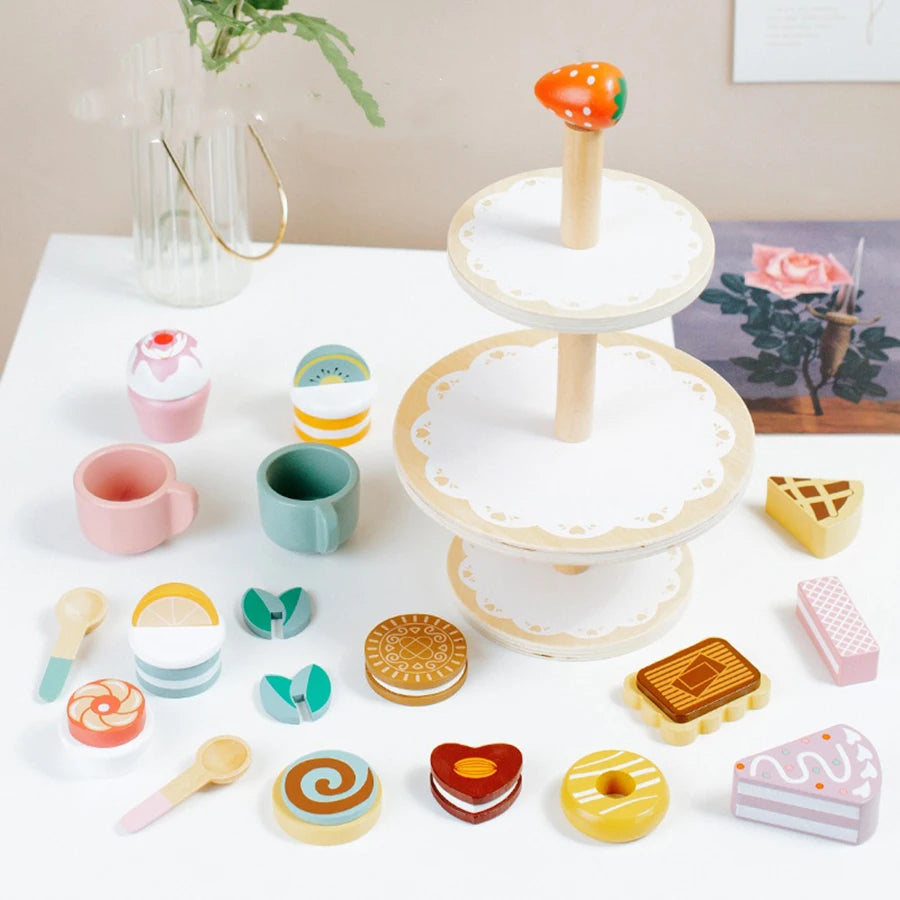 Tea Party Set Dessert Stand Playset ,Wooden Toys Pretend Play Food Kitchen Accessories for Toddler Tea Set Birthday Gift