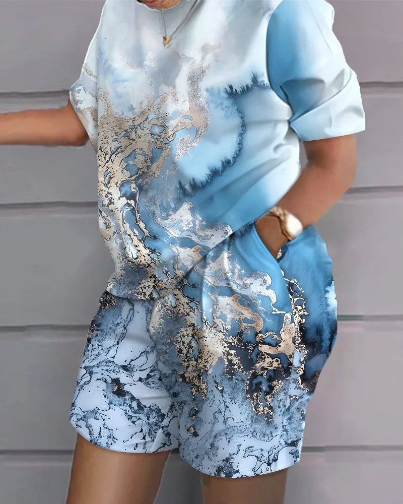 Women's Printed Wide Leg Pants & Short Sleeve Top Set