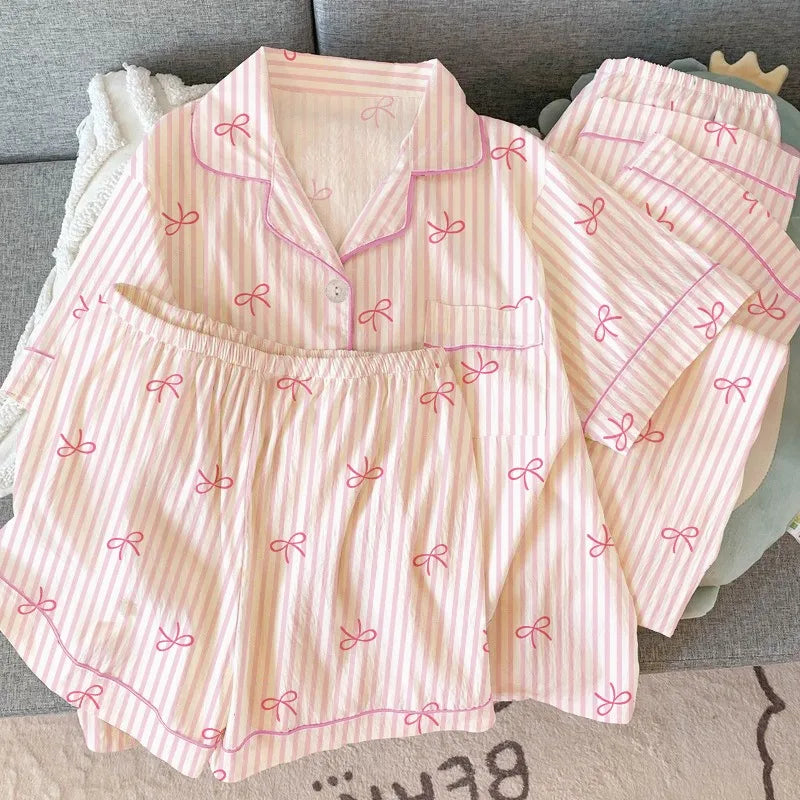 Women's Printed Pajamas Homewear Short Sleeves Trousers Shorts Three-piece Set Spring and Autumn New Women's Clothing