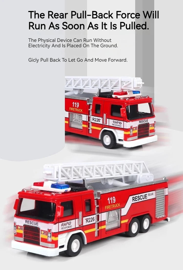 1:32 Fire Truck Model Toy Car Alloy Body Rubber Tire Music Light Pull Back Climbing Water Tank 119 Vehicles Models Toys Gifts
