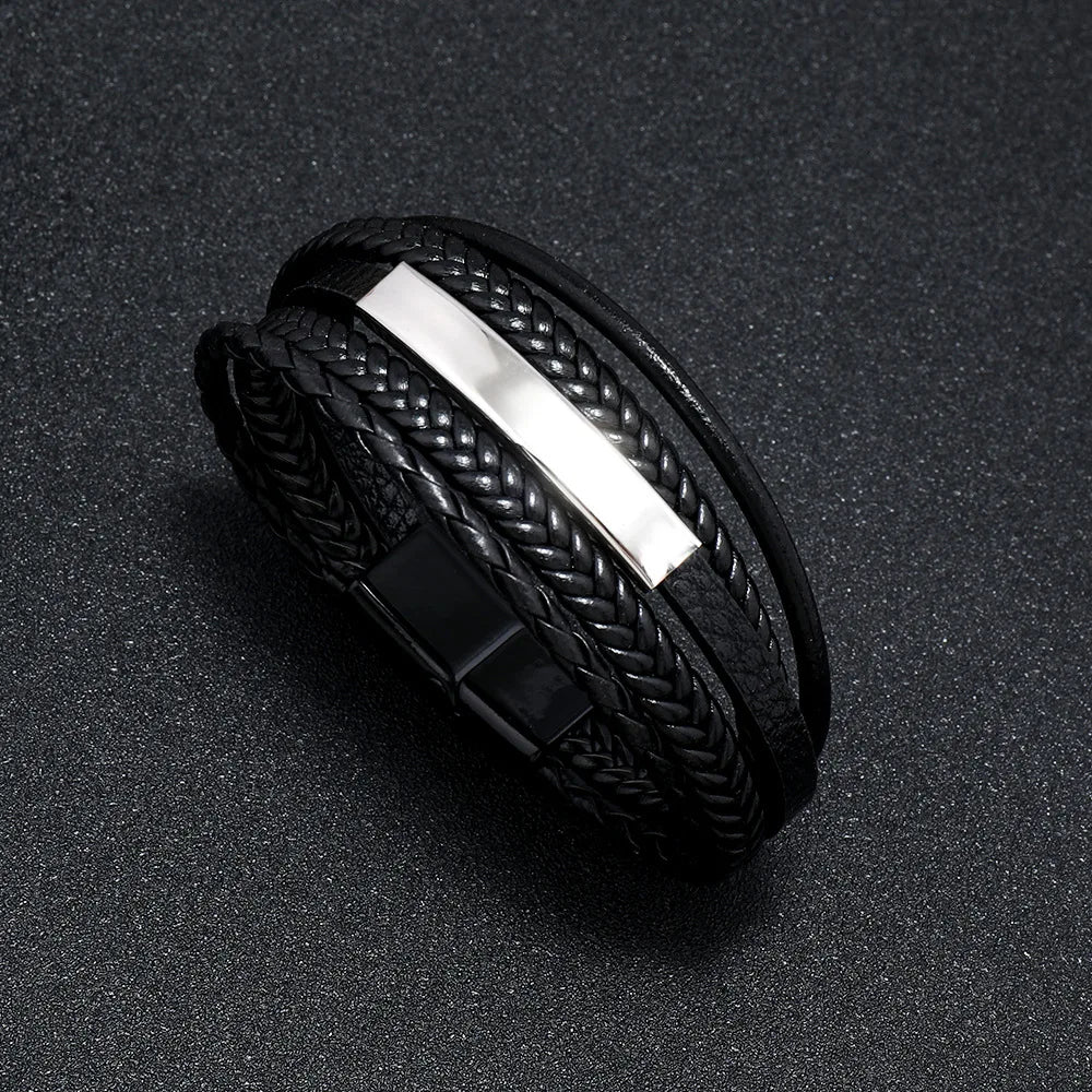 Men's Multilayer Leather & Braided Rope Bracelet – Vintage Aluminium Alloy Bangle | 21cm